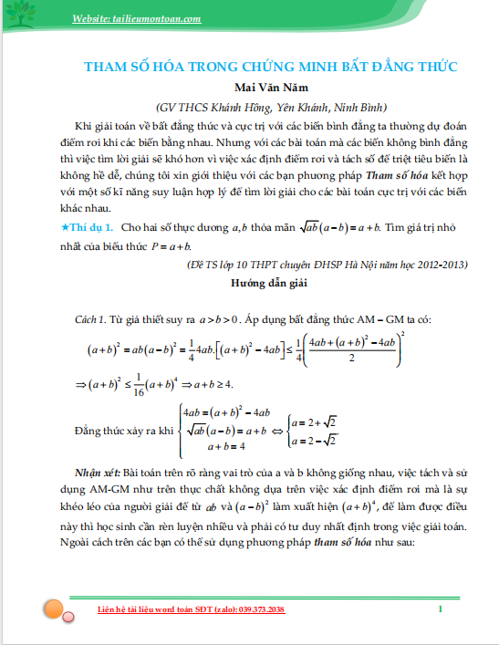 Tham số hóa trong chứng minh bất đẳng thức